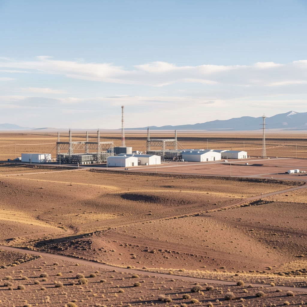 Paisaje productivo de Vaca Muerta en Neuquén con instalaciones de energía y meseta sin personas